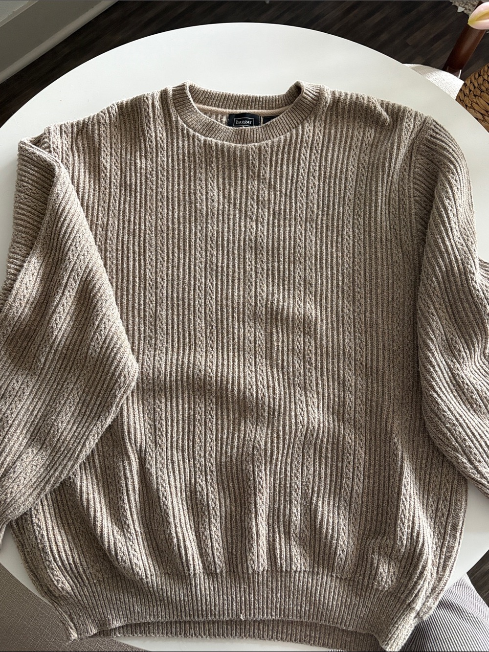Vintage Oversized Men's Cream-Tan Cable Crewneck Sweater